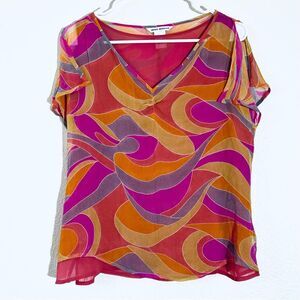 VTG Y2K Retro 100% Silk Abstract Print Top Flutter Sleeves Wavy Hem Size…